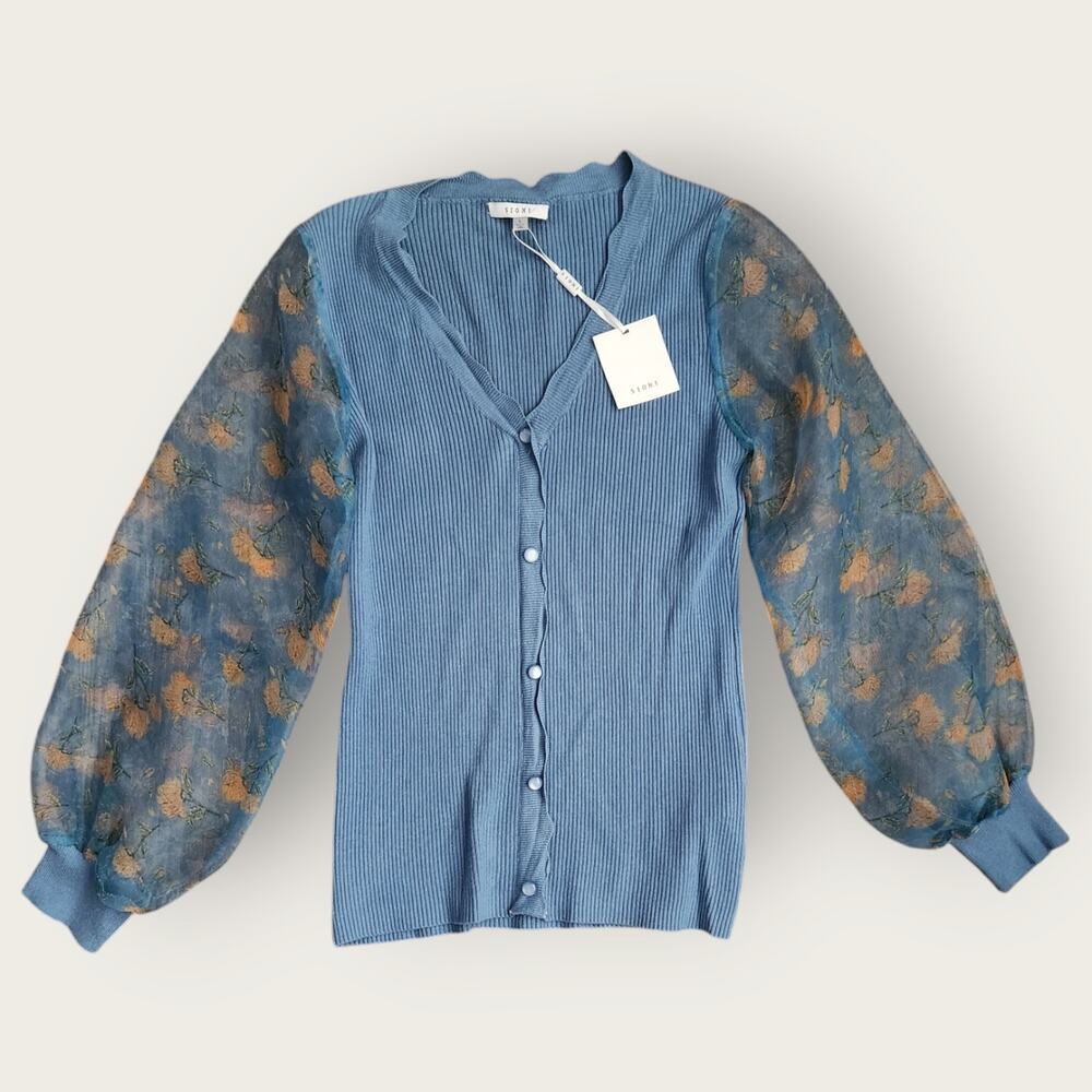 Sioni Button Up Sweater Top Womens Sz L Semi-Sheer Long Sleeve Airforce Blue NWT